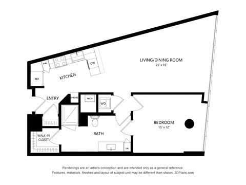 Floor plan for 1 bed, 1 bath, 886 sqft